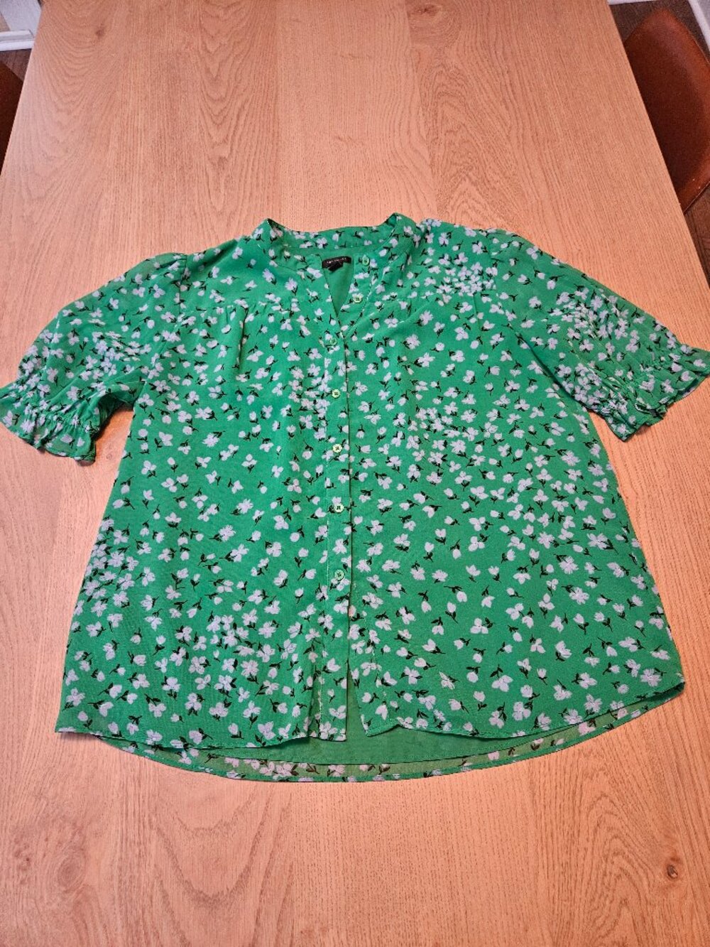 Ann Taylor Green Floral Chiffon Puff Sleeve Split Neck Button Blouse Women's M